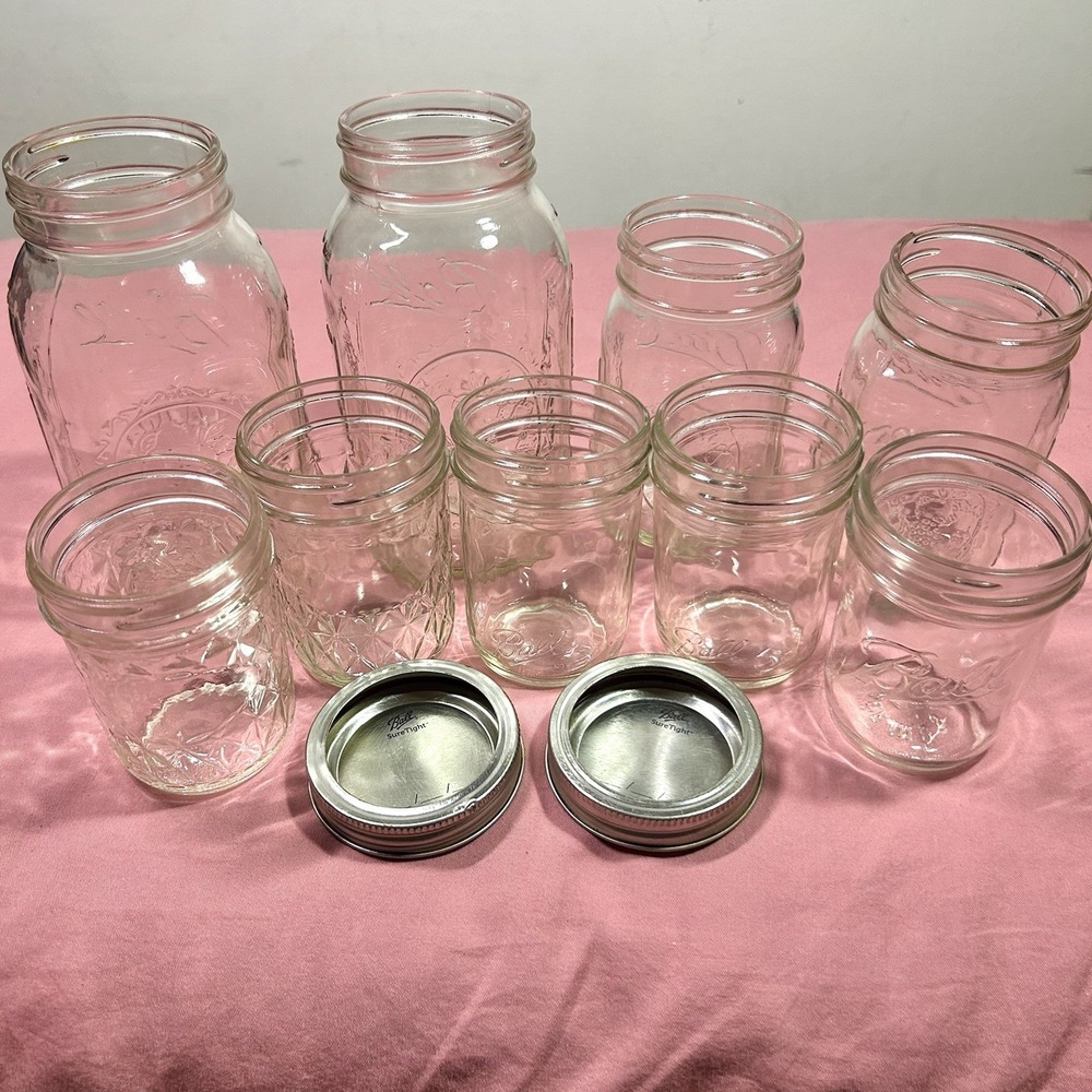 9 Ball Mason Jars Vintage Fruit Canning Jelly Quilted Crystal 2 Lids Mixed Lot
